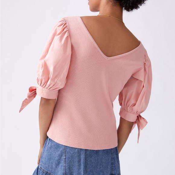 NWOT Maeve (Anthropologie) black v-neck puff tie-sleeve top - Picture 6 of 8